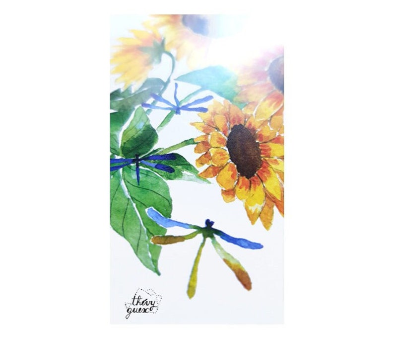 Sunflower and dragonfly watercolor postcard, Cute floral birthday greetings card image 4