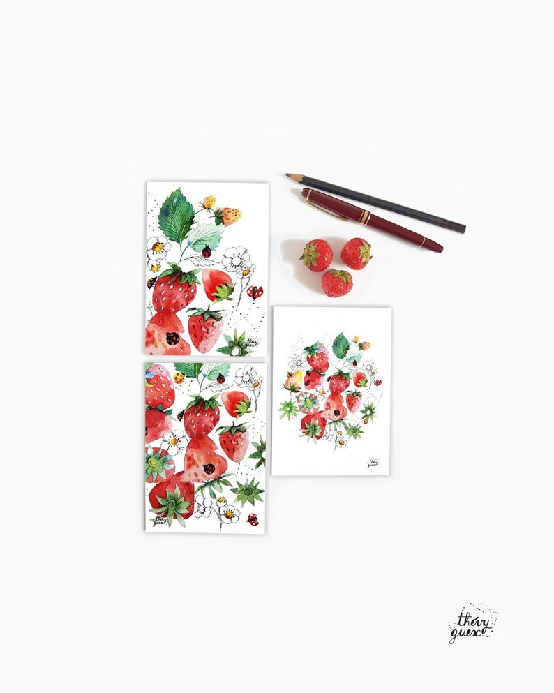 Cartes postales illustrations fraises aquarelle et dessin de feuilles, fleurs et fruits, Ensemble de cartes illustrées, Cartes décor cuisine image 1
