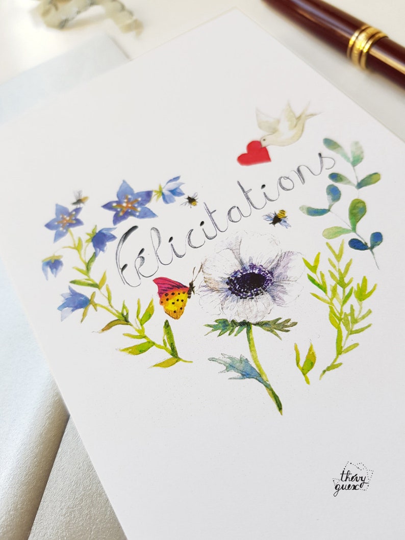 Carte Félicitations coeur floral et nature botanique aquarelle avec enveloppe image 2