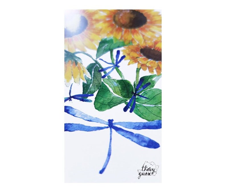 Sunflower and dragonfly watercolor postcard, Cute floral birthday greetings card image 3