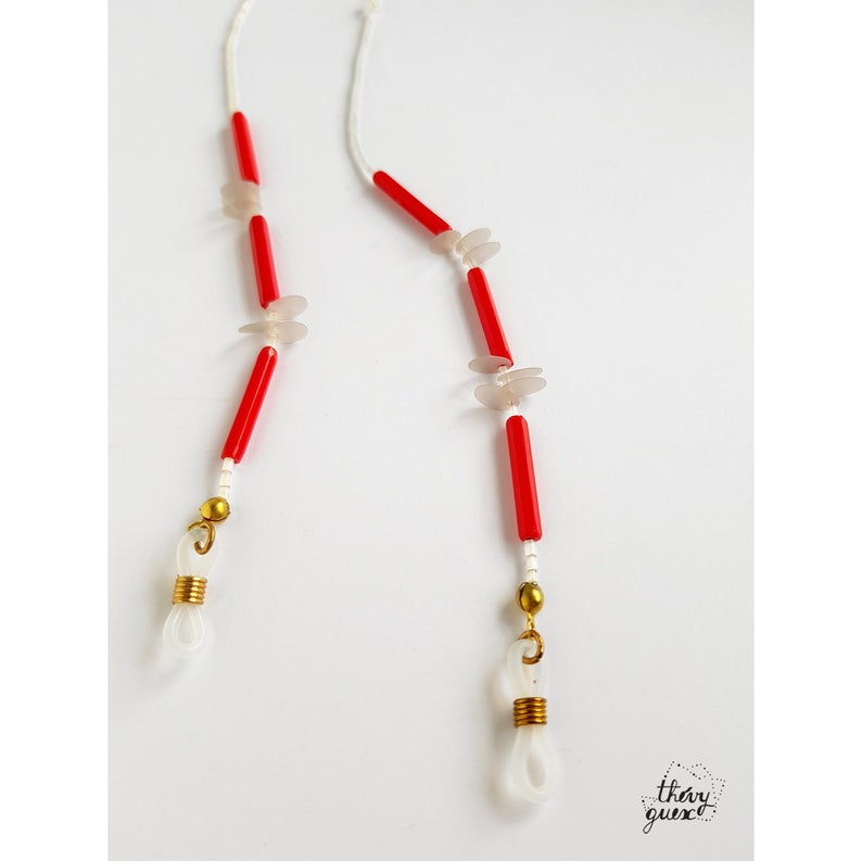 Chaîne de lunettes perles de verre tube rouge et blanches, Paillettes vintage, Collier chaîne fait main, Cadeau pour elle image 5