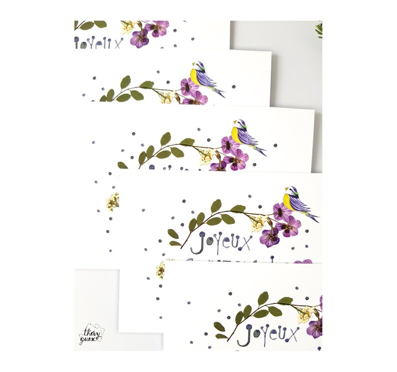 Carte Joyeux Anniversaire fleur herbier et mésange bleue poétique, Carte de voeux nature et botanique image 2