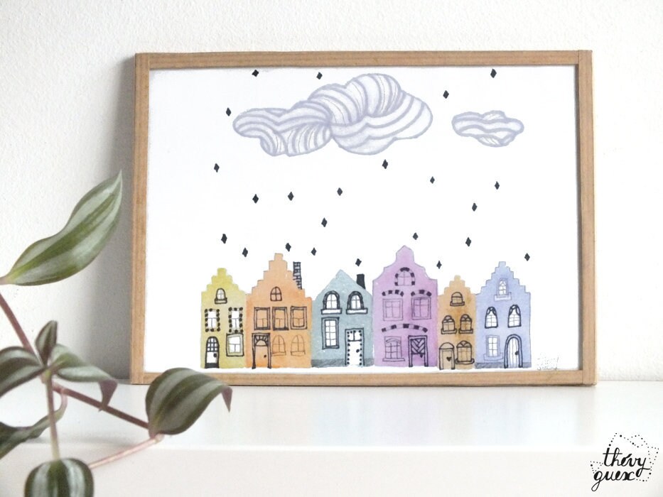 Tableau Aquarelle Encadrée Maisons de Bruges en Belgique, Souvenir Voyage Décoration d'intérieur