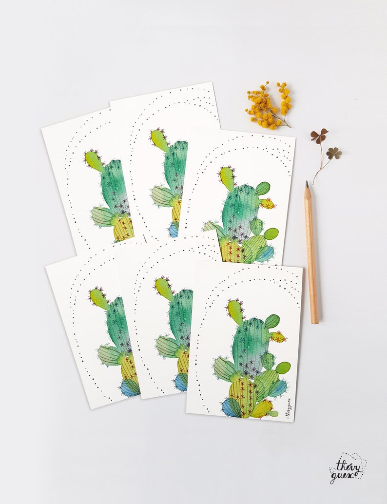 Green cactus watercolor illustrated postcard with envelope, Cute green cactus greetings card image 2