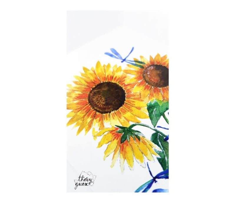 Sunflower and dragonfly watercolor postcard, Cute floral birthday greetings card image 5