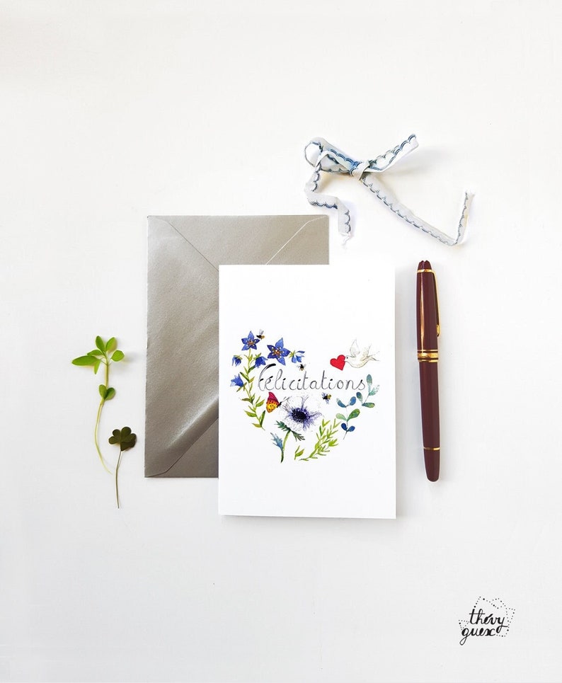 Carte Félicitations coeur floral et nature botanique aquarelle avec enveloppe image 1