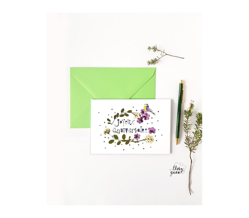 Carte Joyeux Anniversaire fleur herbier et mésange bleue poétique, Carte de voeux nature et botanique image 1