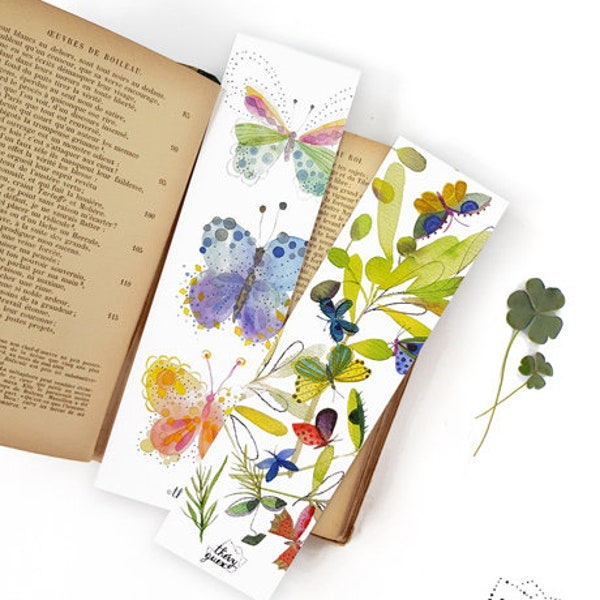 Marque pages botanique fleur papillon aquarelle nature insecte