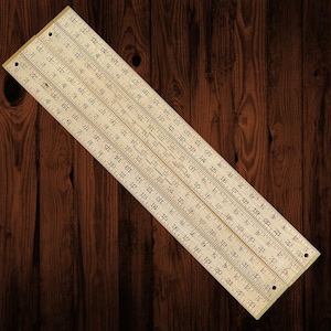May include: A wooden ruler with measurements in inches, ranging from 1 to 23. The ruler is light-colored with black markings and numbers. It has three holes at the end and is angled on a dark wood surface.