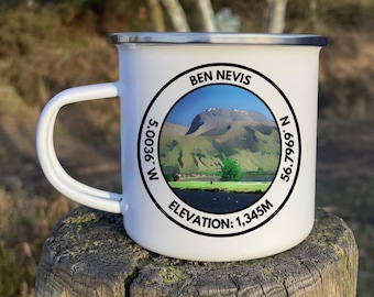 UK Peaks Enamel Camping Mug, Scafell Pike, Snowdonia, Ben Nevis