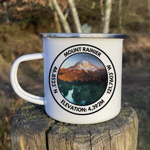 Mount Rainier White Enamel Mug, Survival Mug, Outdoor Mug, Camping Mug, Hiking Mug, Hiker Gift, Washington State, North America Gift, Enamel