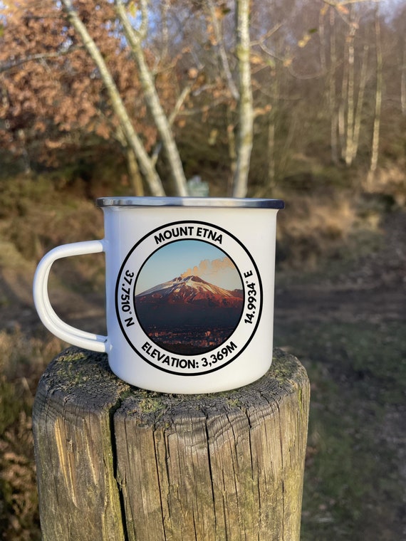 Steel Coated Mug, Mount Etna White Enamel Mug, Survival Mug, Outdoor Mug, Trekking Mug, Camping Mug, Hiking Mug, Hiker Gift, Backpacking Mug
