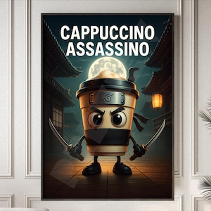 Cappuccino Assassino Poster – Viral Italian Brainrot Meme Art – Surreal AI Ninja Coffee Cup Print – Funny TikTok Decor
