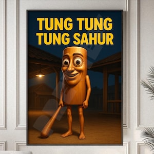 Pôster de Tung Tung Tung Sahur – Arte engraçada da parede do TikTok Meme – Impressão de personagem Brainrot italiano – Decoração viral