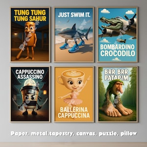 Puede incluir: Seis impresiones artísticas enmarcadas con ilustraciones caprichosas. Las impresiones presentan personajes de dibujos animados con texto como "Just Swim It" y "Cappuccino Assassino". Las impresiones se muestran en una pared encima de una estantería de madera.