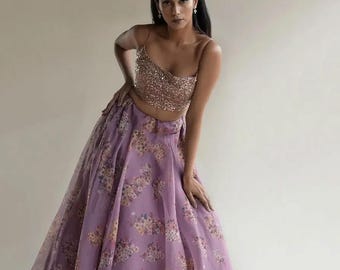 Skirt Crop-Top Two-Piece Set: Lavender Net Blouse with Elegant Sequins, Zari Work and Flared Long Organza Lehenga Perfect for Wedding