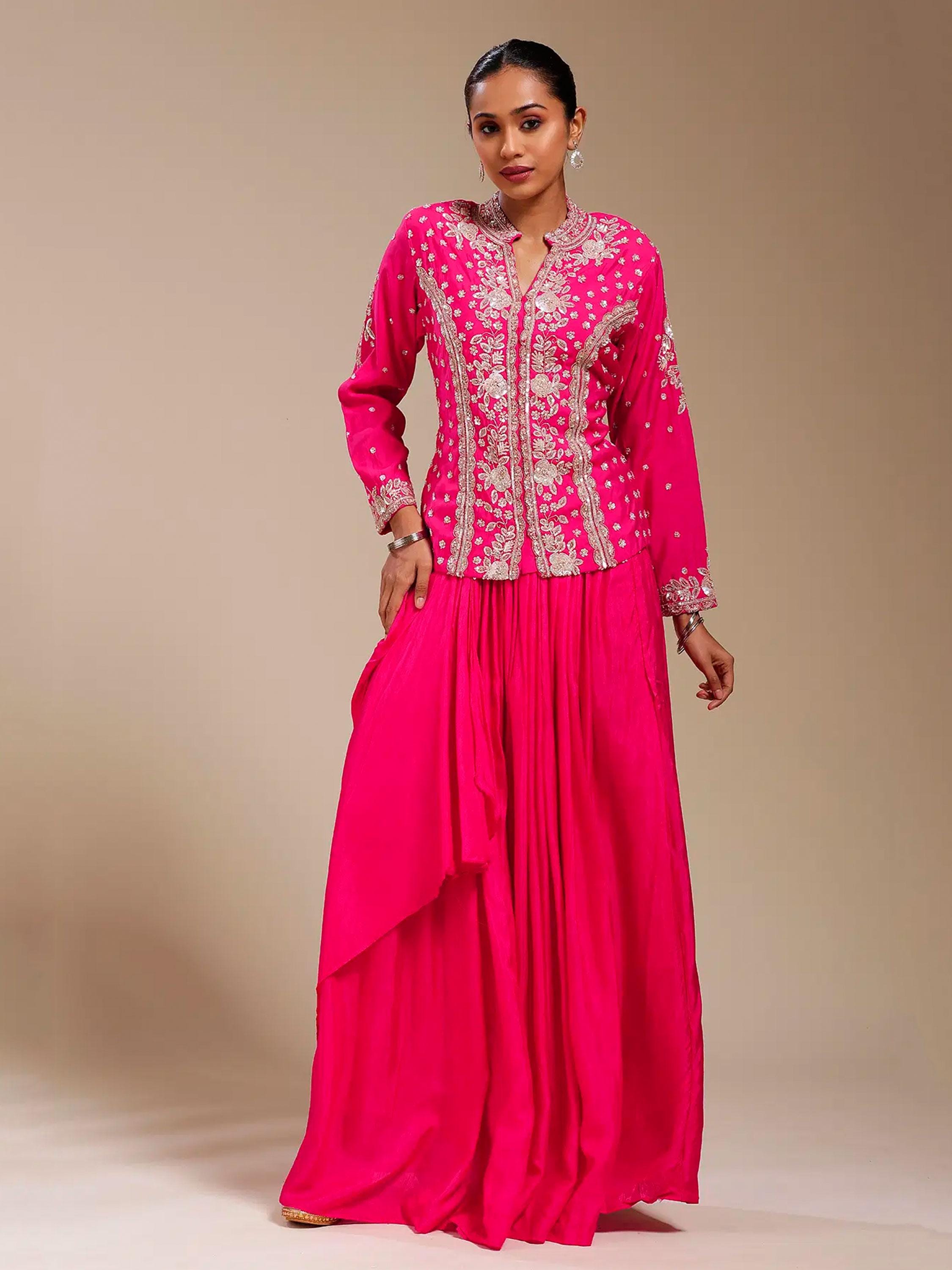 Tunic Top Two Piece Suit – Pink Crepe Indian Suit with Intricate Sequin Embroidery Perfect for Party Wear