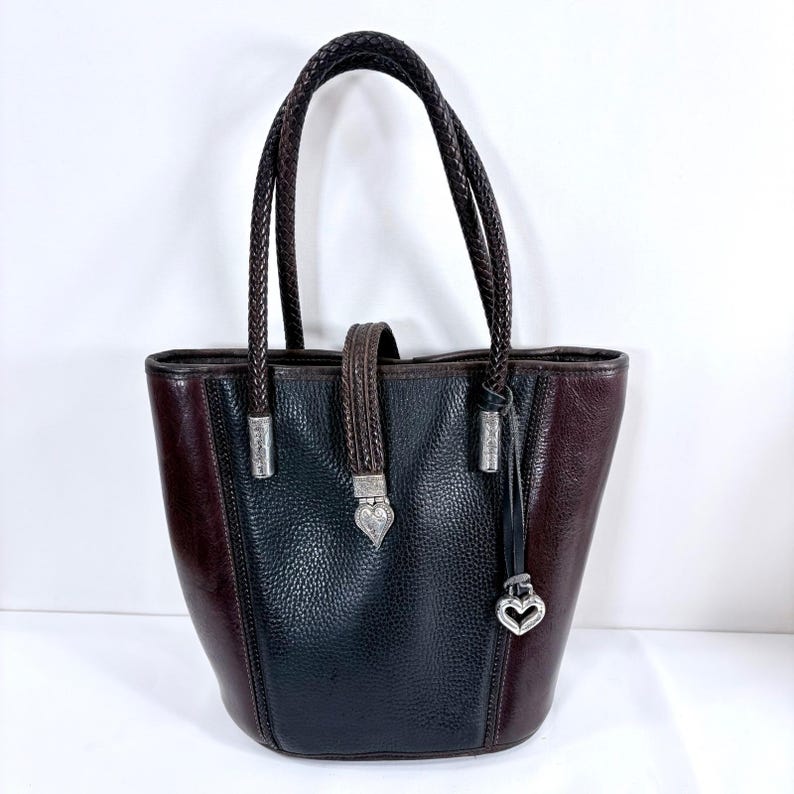 Brighton Gigi bucket bag Black Brown Leather Heart Hardware Braided Straps image 1