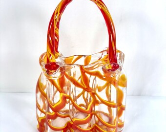 Art Glass Basket Vase Red Yellow Swirl Hand Blown Murano Style Purse Vase 13in
