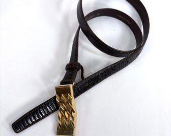 Vintage F.G. Bodener Belt Brown Lizard Leather Gold Architectural Buckle Size 34
