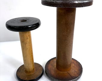 Antique Industrial Textile Bobbins Brown Wood Metal Spools Set of 2