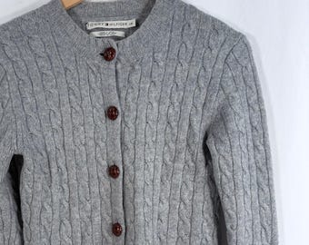 Tommy Hilfiger Cardigan Gray Vintage Wool Blend Cable Knit Leather Buttons L (M)