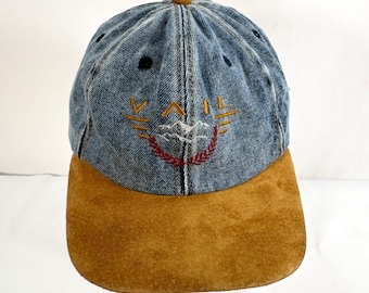 Vintage 90s Vail Colorado Hat Blue Denim Brown Suede Brim Cap Color Block Acid W