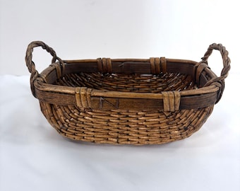 Vintage Chinese Woven Willow Basket Brown Woven Handles Wabi-Sabi