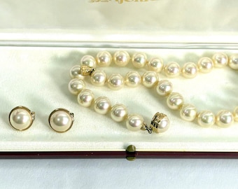 Vintage Majorica Pearl Necklace Earring Set Cream Gold Plated Sterling Clasp Box