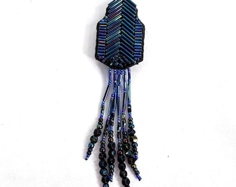 Vintage Scarf Holder Blue Iridescent Beaded Fringe Chevron Clip Accessory