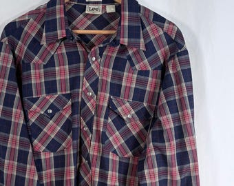 Lee Western Shirt Navy Red Plaid Pearl Snap Vintage 90s XL RN 34783 Western