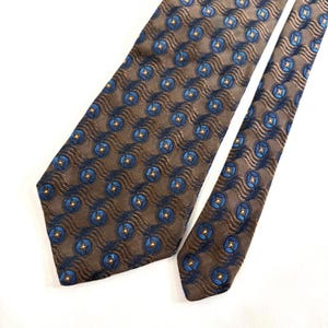Benjamin James Silk Tie Brown Blue Geometric Medallion Made in England
