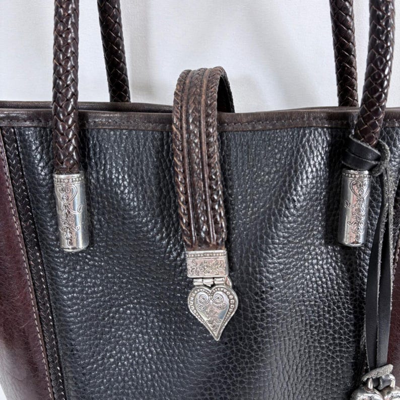 Brighton Gigi bucket bag Black Brown Leather Heart Hardware Braided Straps image 3