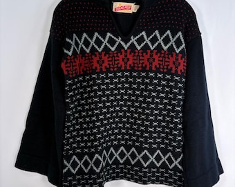 Grand Prix Sweater Black Vintage 60s Fair Isle Geometric Knit Kids L Women S/M