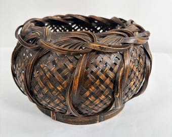 Vintage 80s Woven Bamboo Basket Brown Copper Braided Rim Decorative Bowl