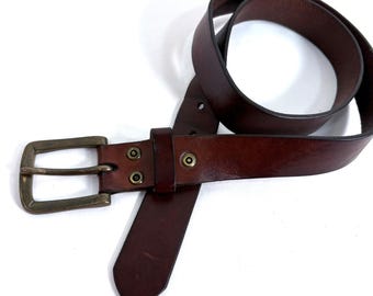 Vintage Leather Belt Brown Full Grain Antique Brass Buckle Riveted 45 Inch