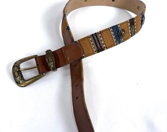 Ginnie Johansen Belt Brown Woven Tapestry Brass Buckle Western Boho Vintage M