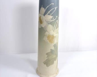 Weller  Eocean Matt Pottery Cylinder Vase Floral Hand Painted Antique 13.5 in