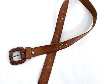 Antonio Barral Belt Brown Leather Painted Dots Square Buckle Vintage 90s Size 26
