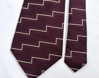 Polo Ralph Lauren Silk Necktie Burgundy Geometric Stepped Line Wide 4" x 54" Tie