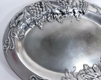 Vintage Wilton Armetale Serving Platter Silver Grape Vine Embossed Oval Tray 15"