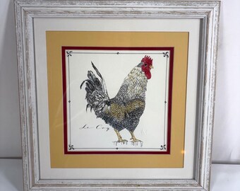 Mpressions Le Coq Rooster Framed Print Hand Painted Embossed White Distressed