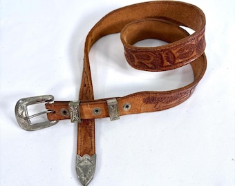 Vintage Handmade Tooled Leather Belt Tan Brown Harriet Name Silver Tn Buckle Sm