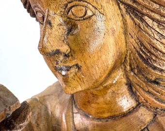 Vintage Santos Angel Hand Carved Wood Religious Folk Art Figure Brown 19.5 In
