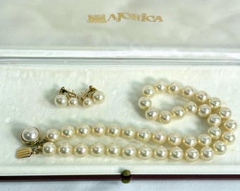 Majorica Pearl Jewelry Set Cream 80s Vintage Necklace and Earrings Boxed 925