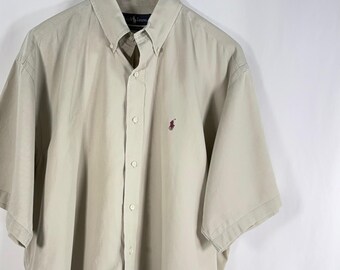 Vintage Ralph Lauren Button Down Shirt Tan Khaki Short Sleeve Cotton Twill XL