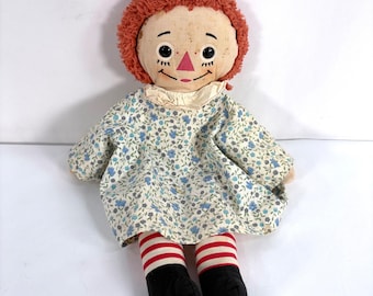 Raggedy Ann Plush Doll Multi Color 1960s Vintage Floral Dress 16 inch