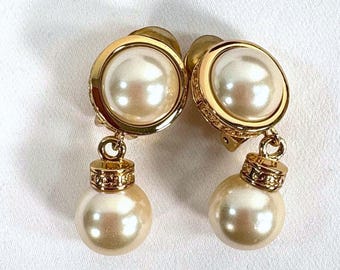 Christian Dior Drop Earrings Gold Cream Faux Pearl Vintage Logo Clip On Signed