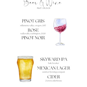 Può includere: Un'illustrazione ad acquerello di bottiglie di vino e birra con i loro nomi e descrizioni. Le bottiglie di vino includono Pinot Gris, Rosato e Pinot Noir. Le bottiglie di birra includono Skyward IPA, Mexican Lager e Sidro.