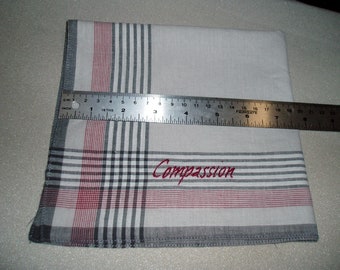 Last one - 15 inch Hand embroidered "compassion" red/grey plaid inspirational cotton hankie / pocket square. READY TO SHIP